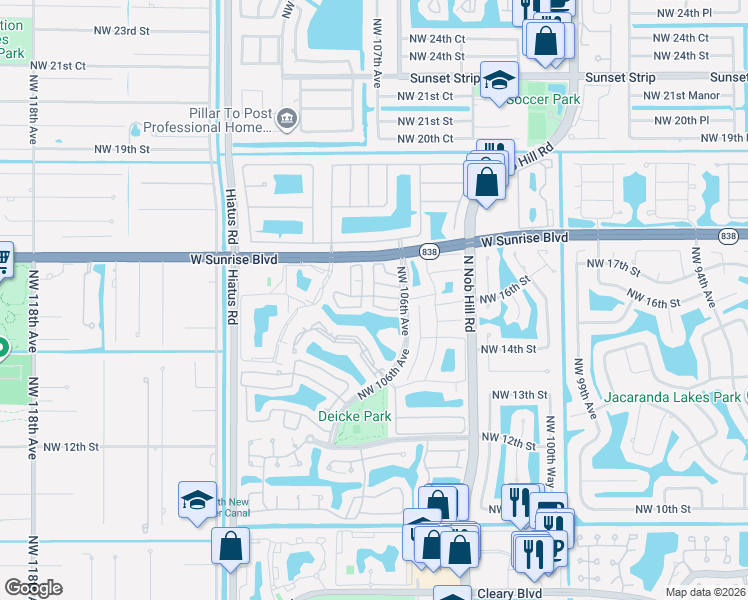map of restaurants, bars, coffee shops, grocery stores, and more near 10740 Northwest 16th Court in Plantation