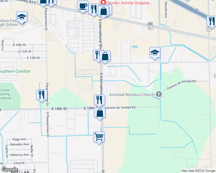 map of restaurants, bars, coffee shops, grocery stores, and more near 1610 South International Boulevard in Weslaco