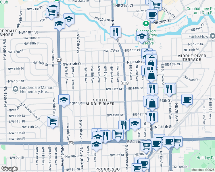 map of restaurants, bars, coffee shops, grocery stores, and more near 1408 Northwest 3rd Avenue in Fort Lauderdale