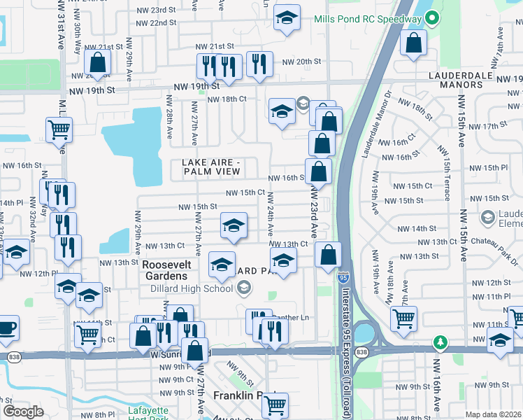map of restaurants, bars, coffee shops, grocery stores, and more near 2401 Northwest 15th Street in Fort Lauderdale