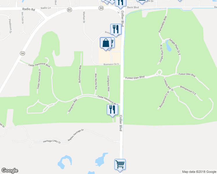 map of restaurants, bars, coffee shops, grocery stores, and more near 3949 Cordgrass Way in Naples