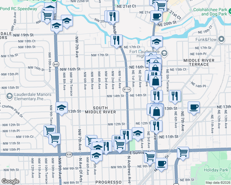 map of restaurants, bars, coffee shops, grocery stores, and more near 1433 Northwest 2nd Avenue in Fort Lauderdale