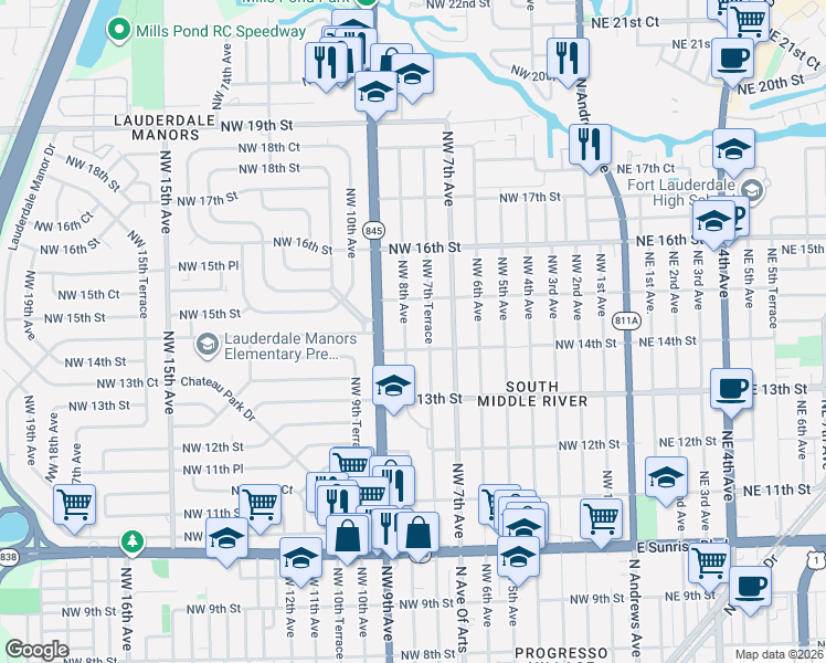 map of restaurants, bars, coffee shops, grocery stores, and more near 1439 Northwest 7th Terrace in Fort Lauderdale