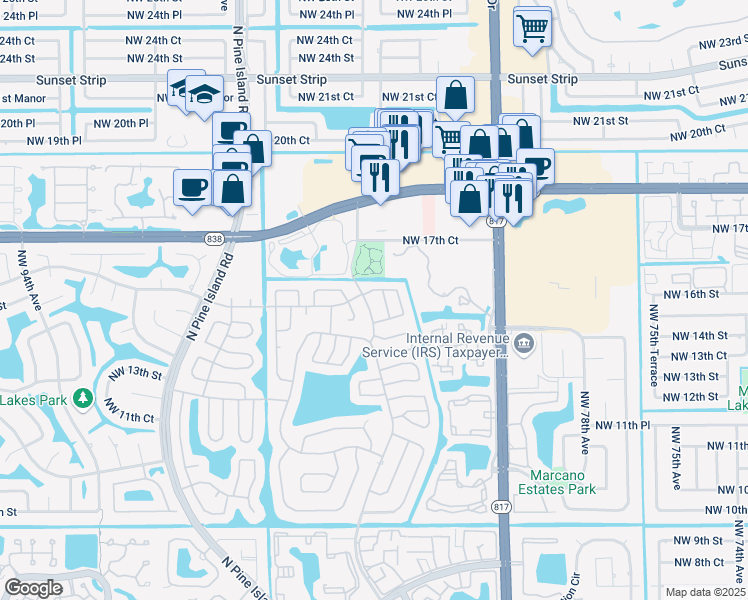 map of restaurants, bars, coffee shops, grocery stores, and more near 8213 Northwest 17th Street in Plantation