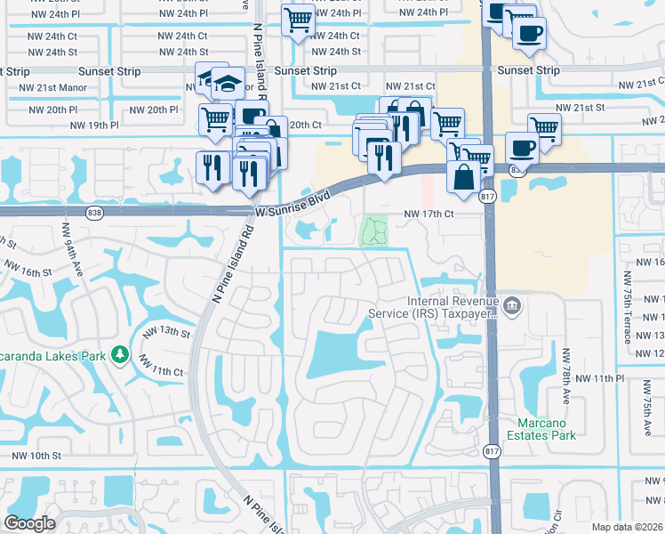 map of restaurants, bars, coffee shops, grocery stores, and more near 8591 Northwest 17th Place in Plantation