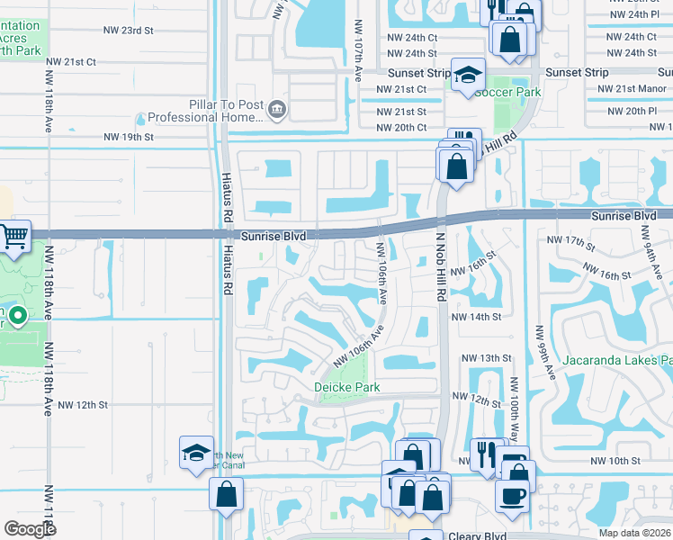map of restaurants, bars, coffee shops, grocery stores, and more near 1731 Northwest 107th Terrace in Plantation