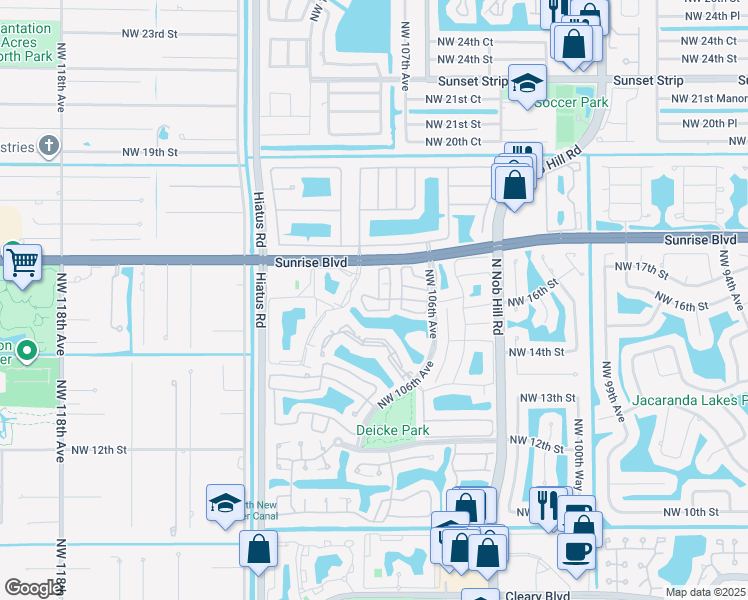 map of restaurants, bars, coffee shops, grocery stores, and more near 1731 Northwest 107th Terrace in Plantation