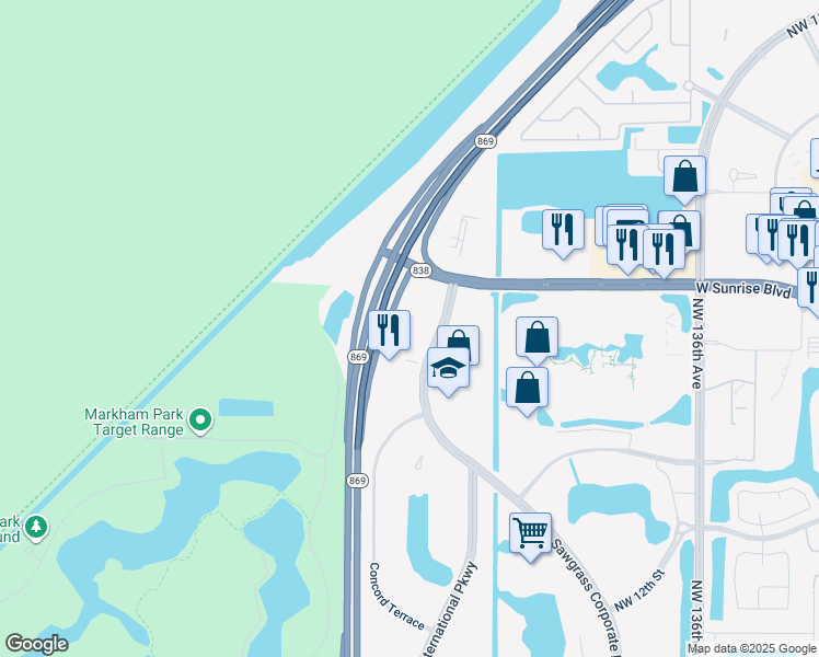 map of restaurants, bars, coffee shops, grocery stores, and more near 1601 Sawgrass Corporate Parkway in Sunrise