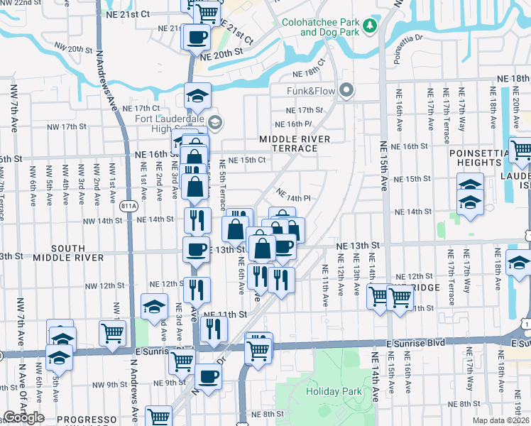 map of restaurants, bars, coffee shops, grocery stores, and more near 1400 North Dixie Highway in Fort Lauderdale