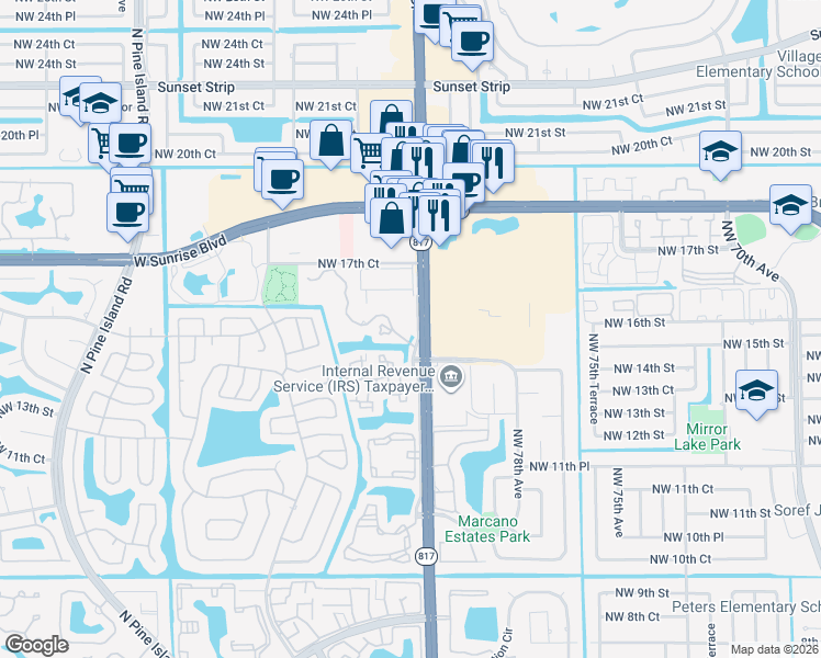 map of restaurants, bars, coffee shops, grocery stores, and more near 8045 Northwest 15th Way in Plantation