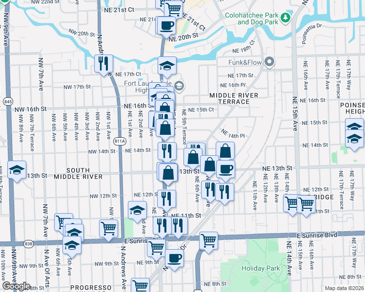 map of restaurants, bars, coffee shops, grocery stores, and more near 1425 Northeast 5th Terrace in Fort Lauderdale