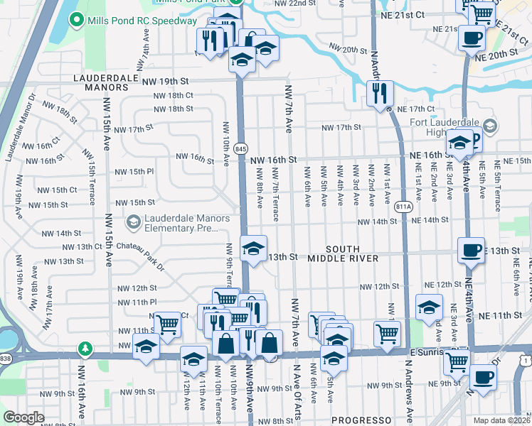 map of restaurants, bars, coffee shops, grocery stores, and more near 1439 Northwest 7th Terrace in Fort Lauderdale