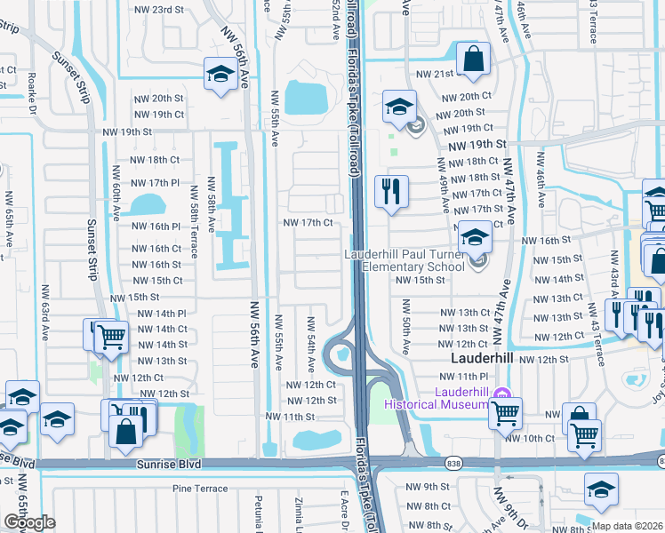 map of restaurants, bars, coffee shops, grocery stores, and more near 1640 Northwest 52nd Avenue in Lauderhill