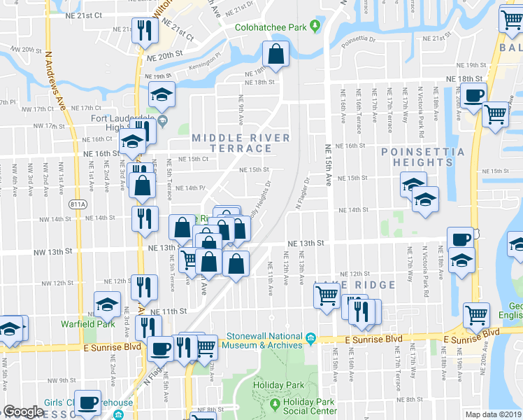 map of restaurants, bars, coffee shops, grocery stores, and more near 1430 Holly Heights Drive in Fort Lauderdale
