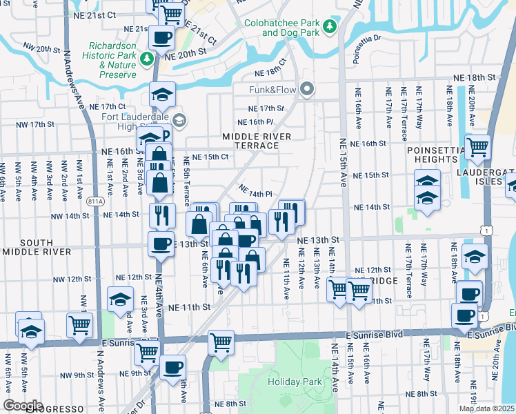 map of restaurants, bars, coffee shops, grocery stores, and more near 926 Northeast 14th Place in Fort Lauderdale