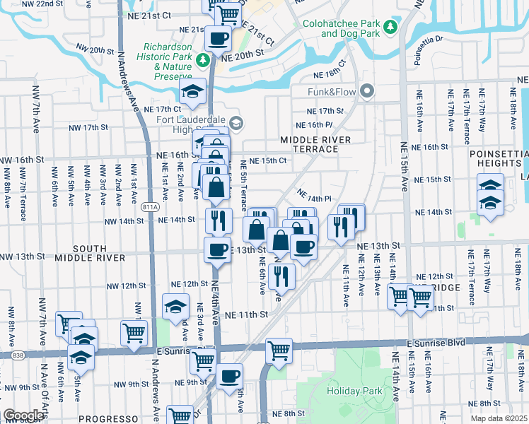 map of restaurants, bars, coffee shops, grocery stores, and more near 605 Northeast 14th Court in Fort Lauderdale
