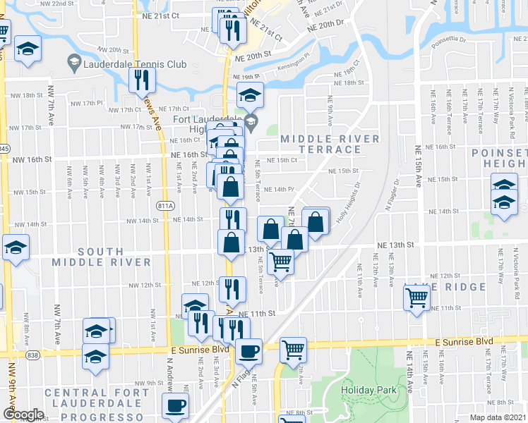 map of restaurants, bars, coffee shops, grocery stores, and more near 1425 Northeast 5th Terrace in Fort Lauderdale