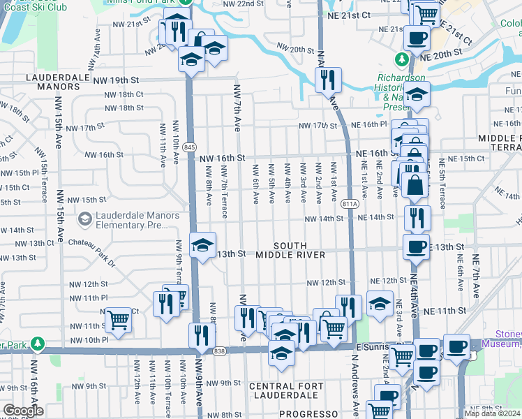 map of restaurants, bars, coffee shops, grocery stores, and more near 1433 Northwest 5th Avenue in Fort Lauderdale