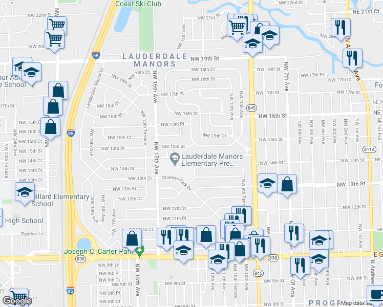 map of restaurants, bars, coffee shops, grocery stores, and more near 1213 Northwest 15th Street in Fort Lauderdale