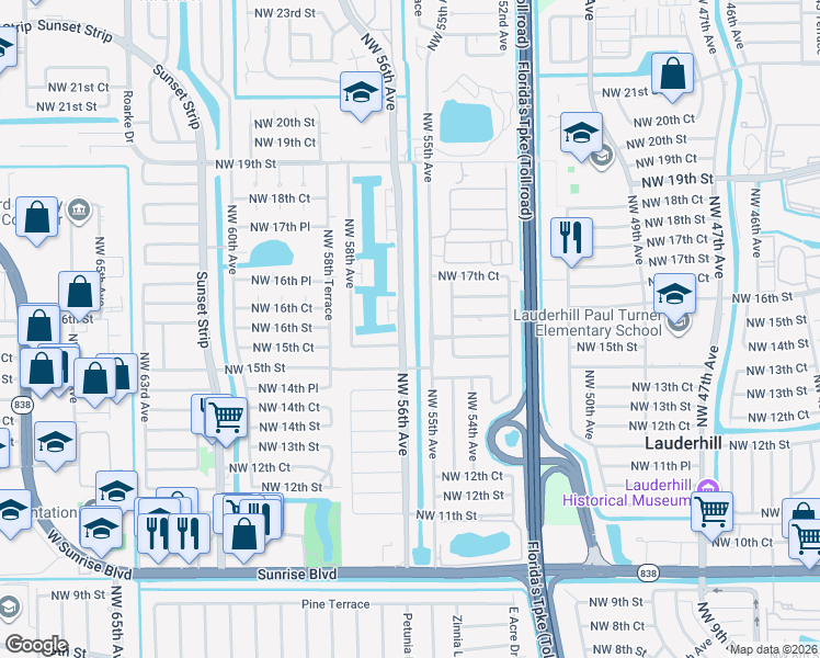 map of restaurants, bars, coffee shops, grocery stores, and more near in Lauderhill