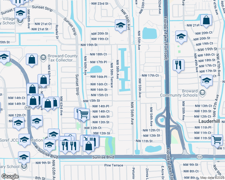 map of restaurants, bars, coffee shops, grocery stores, and more near 5860 Northwest 16th Court in Sunrise