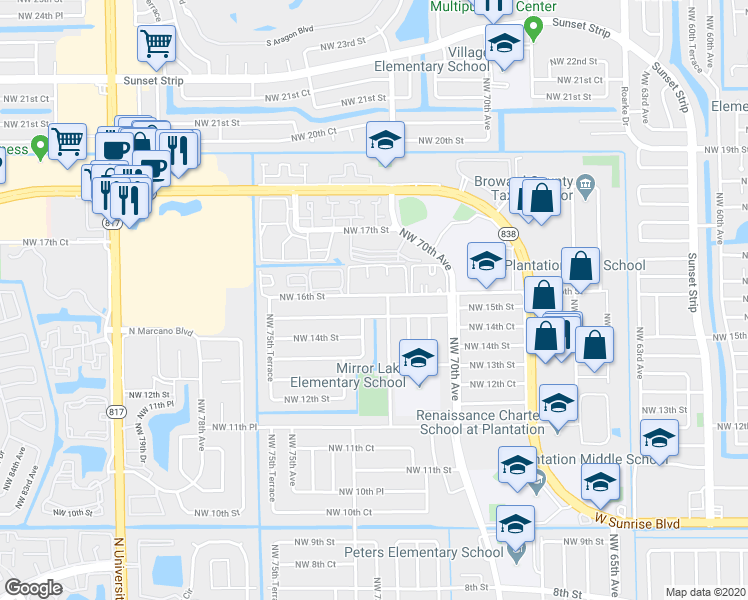 map of restaurants, bars, coffee shops, grocery stores, and more near 7261 Northwest 16th Street in Plantation