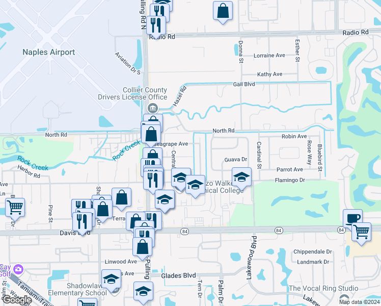map of restaurants, bars, coffee shops, grocery stores, and more near 3586 Seagrape Avenue in Naples