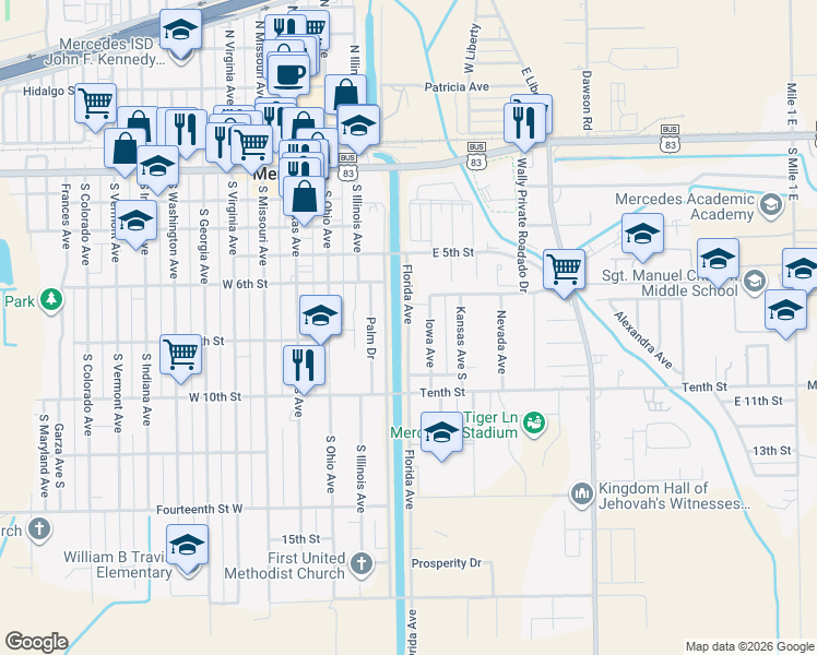 map of restaurants, bars, coffee shops, grocery stores, and more near 702 Palm Drive South in Mercedes