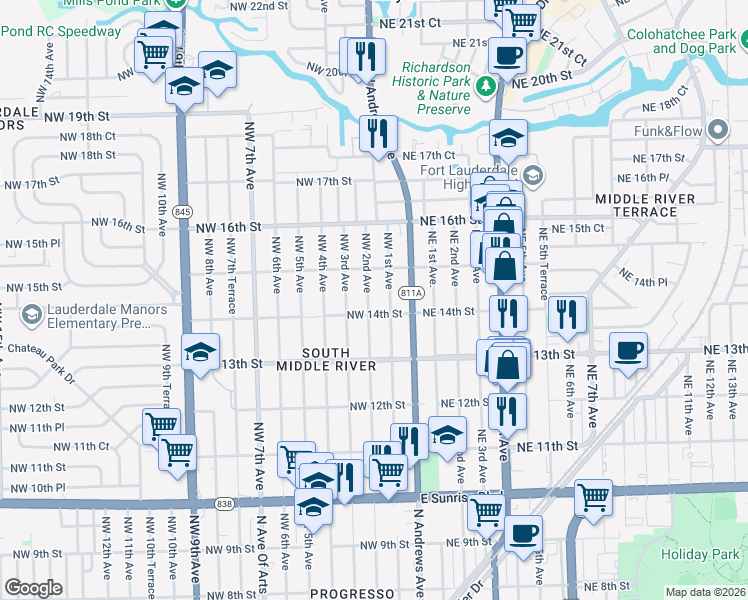 map of restaurants, bars, coffee shops, grocery stores, and more near 1433 Northwest 2nd Avenue in Fort Lauderdale