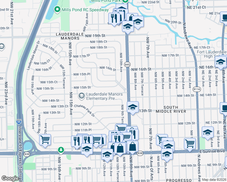 map of restaurants, bars, coffee shops, grocery stores, and more near 1119 Northwest 15th Street in Fort Lauderdale