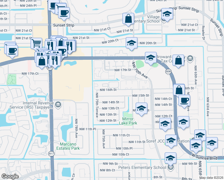 map of restaurants, bars, coffee shops, grocery stores, and more near 7451 Northwest 16th Street in Plantation