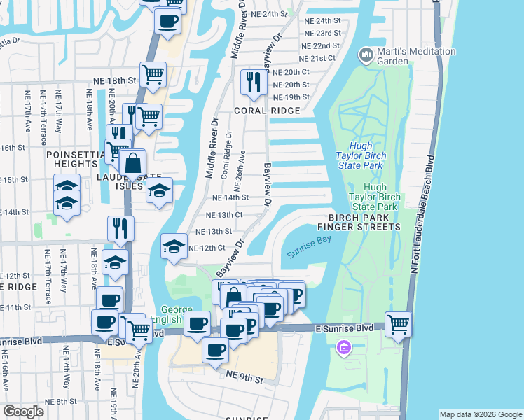 map of restaurants, bars, coffee shops, grocery stores, and more near 1353 Bayview Drive in Fort Lauderdale