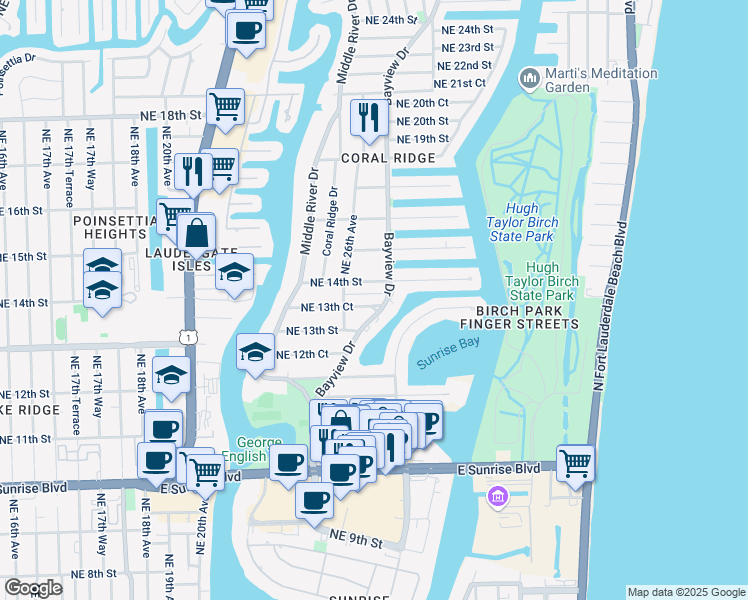 map of restaurants, bars, coffee shops, grocery stores, and more near 1353 Bayview Drive in Fort Lauderdale