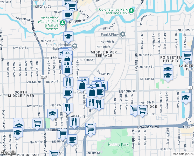 map of restaurants, bars, coffee shops, grocery stores, and more near 1400 North Dixie Highway in Fort Lauderdale