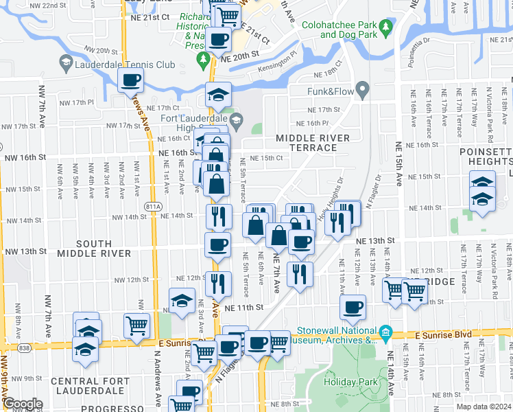 map of restaurants, bars, coffee shops, grocery stores, and more near 605 Northeast 14th Court in Fort Lauderdale