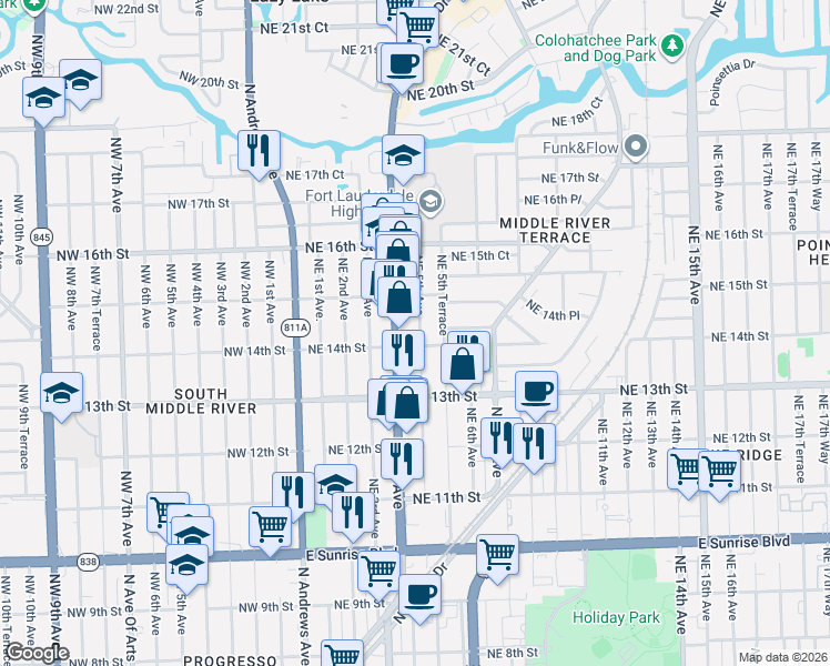 map of restaurants, bars, coffee shops, grocery stores, and more near 1428 Northeast 4th Avenue in Fort Lauderdale