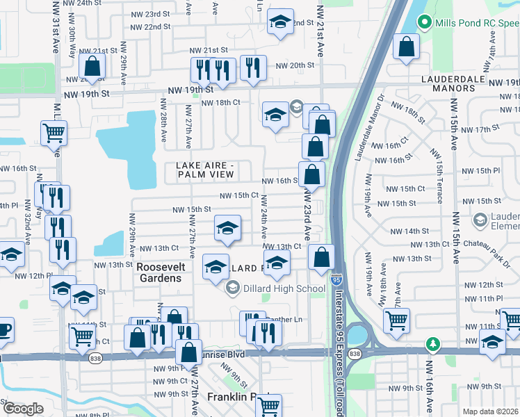 map of restaurants, bars, coffee shops, grocery stores, and more near 2401 Northwest 15th Street in Fort Lauderdale