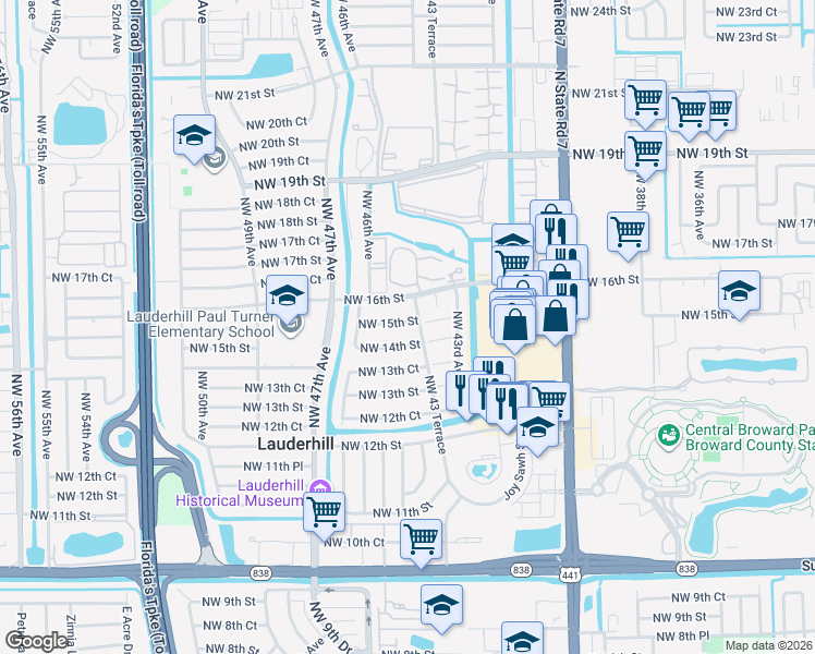map of restaurants, bars, coffee shops, grocery stores, and more near 4411 Northwest 15th Street in Lauderhill