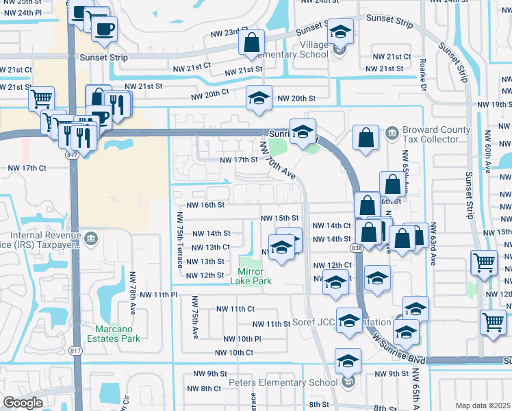 map of restaurants, bars, coffee shops, grocery stores, and more near 7261 Northwest 16th Street in Plantation