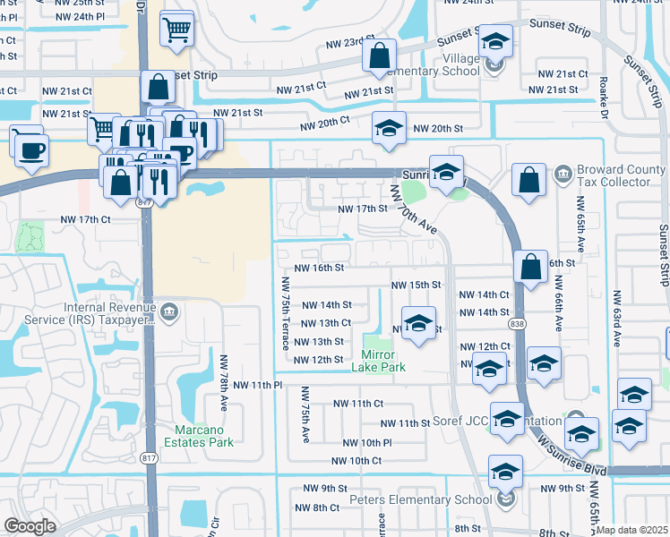 map of restaurants, bars, coffee shops, grocery stores, and more near 7451 Northwest 16th Street in Plantation