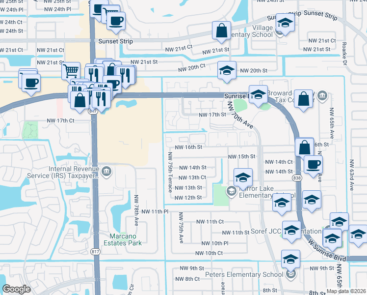 map of restaurants, bars, coffee shops, grocery stores, and more near 7451 Northwest 16th Street in Plantation