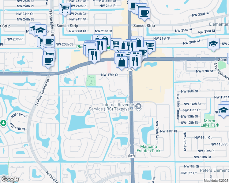 map of restaurants, bars, coffee shops, grocery stores, and more near 1701 North University Drive in Plantation