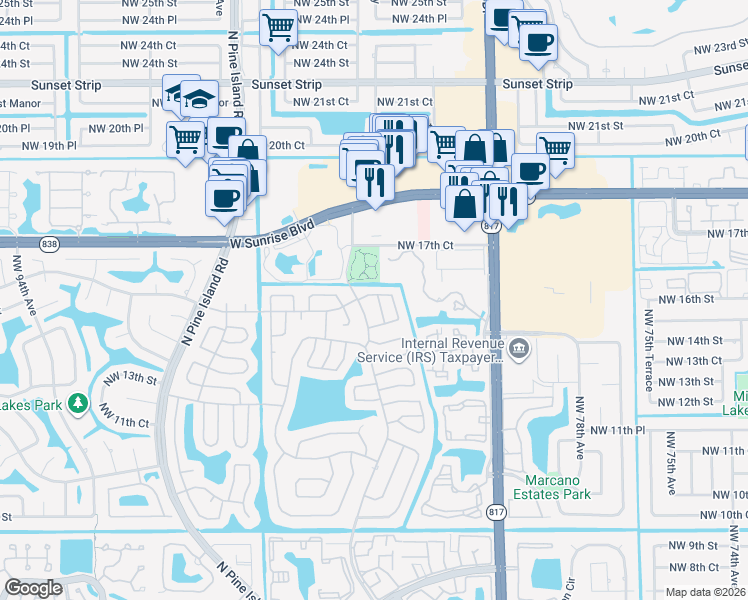 map of restaurants, bars, coffee shops, grocery stores, and more near 1651 Northwest 82nd Terrace in Plantation