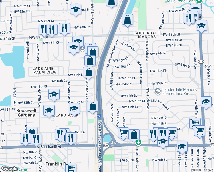 map of restaurants, bars, coffee shops, grocery stores, and more near 1780 Lauderdale Manor Drive in Fort Lauderdale
