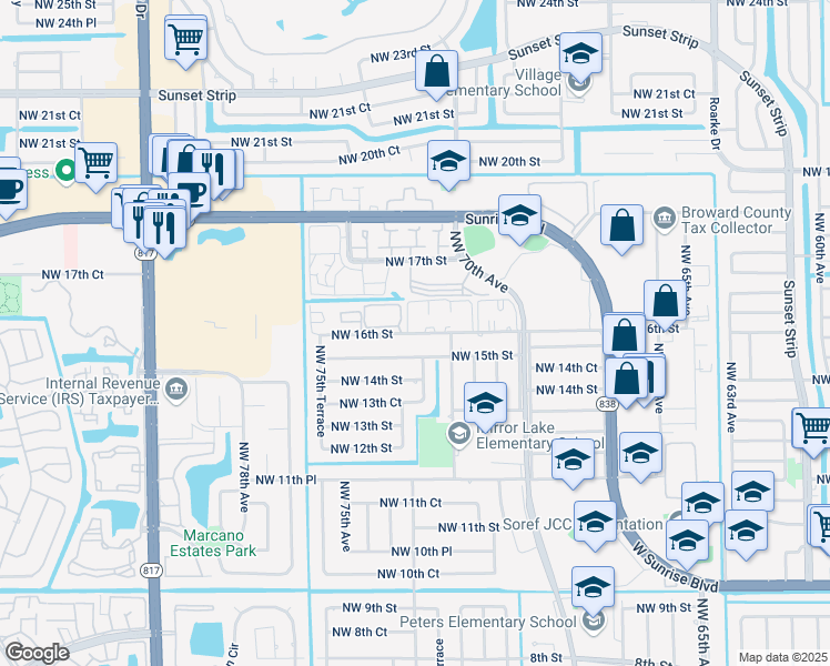 map of restaurants, bars, coffee shops, grocery stores, and more near 7321 Northwest 16th Street in Plantation