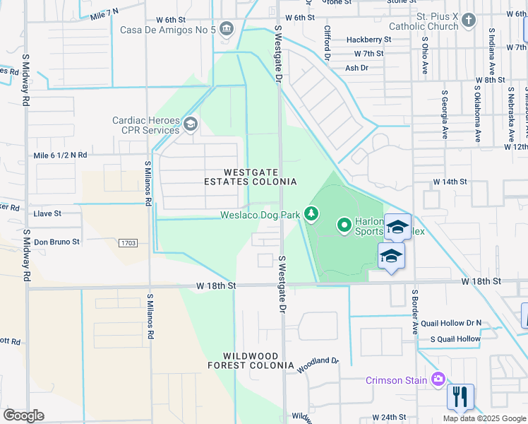 map of restaurants, bars, coffee shops, grocery stores, and more near 1402 South Westgate Drive in Weslaco