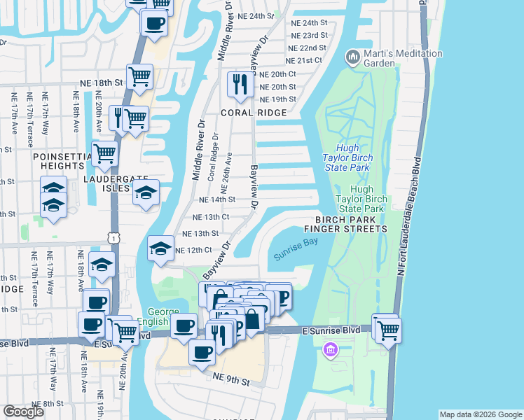 map of restaurants, bars, coffee shops, grocery stores, and more near 2710 Northeast 14th Street in Fort Lauderdale