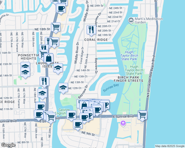 map of restaurants, bars, coffee shops, grocery stores, and more near 1353 Bayview Drive in Fort Lauderdale
