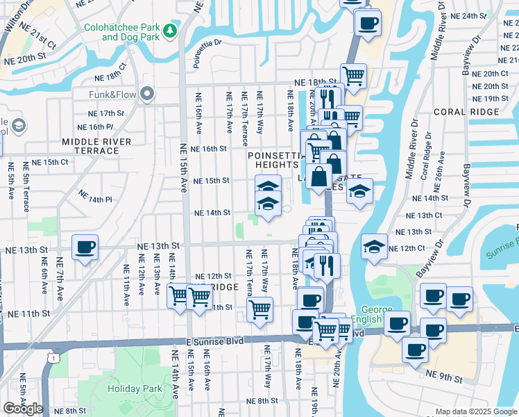map of restaurants, bars, coffee shops, grocery stores, and more near 1755 Northeast 14th Street in Fort Lauderdale