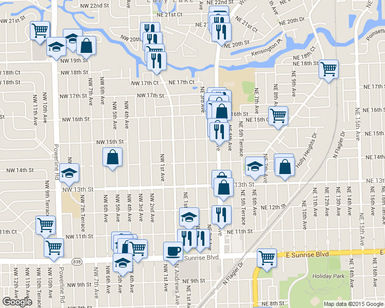 map of restaurants, bars, coffee shops, grocery stores, and more near 1428 Northeast 1st Avenue in Fort Lauderdale